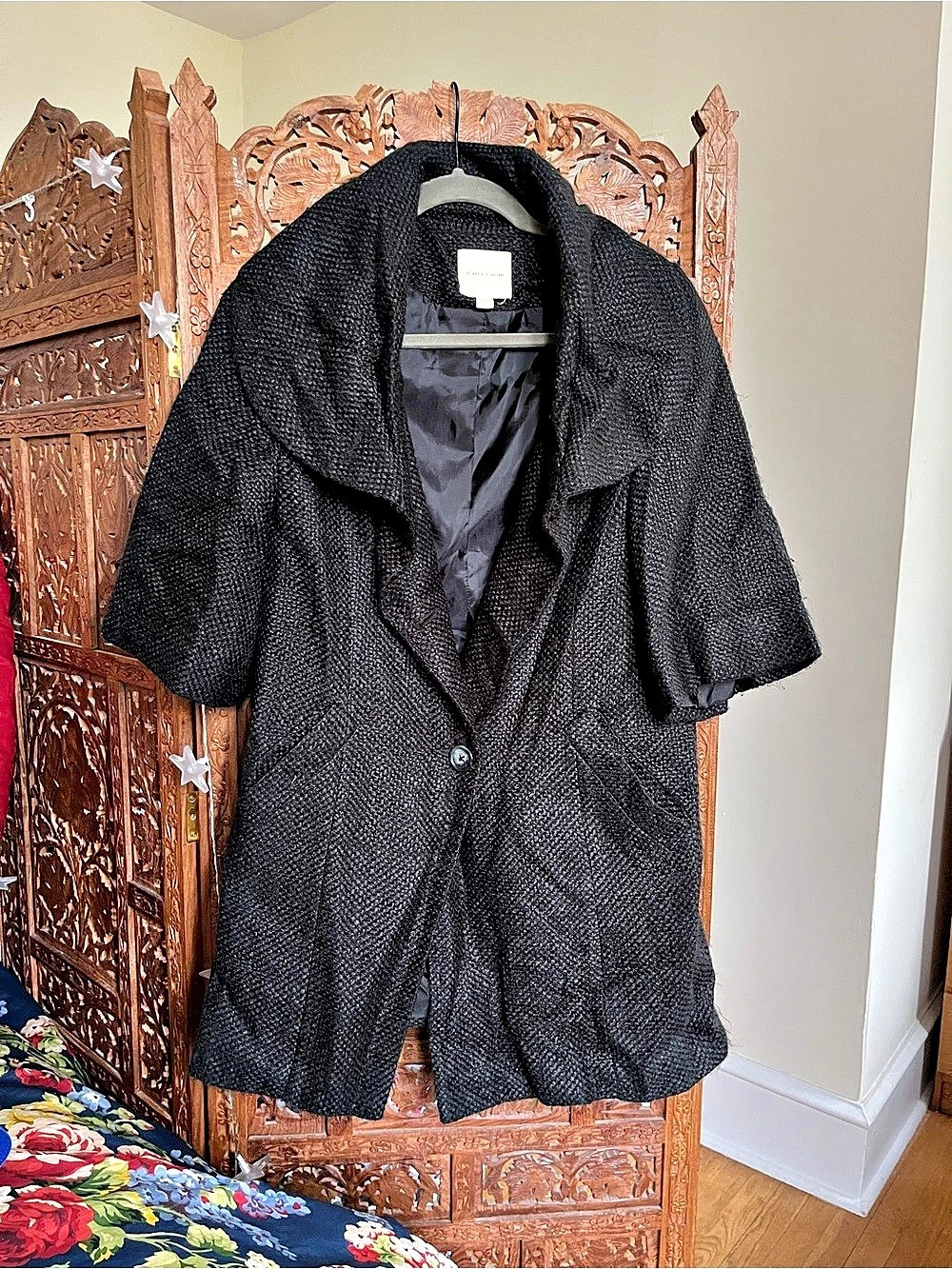 silence + noise Wool Blend Short Sleeve Coat in Black Size Small